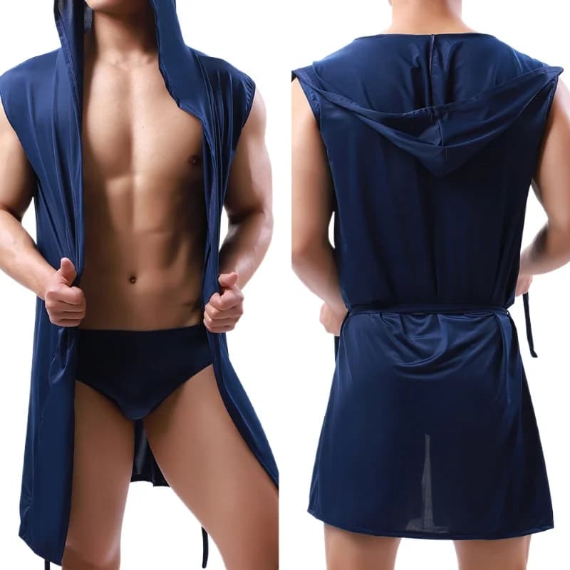 Men's Bathrobe Milk Ice Silk Silky Hooded Sleeveless Thin Nightgown Hollow Bodybuilding Nightwear Singlets Sport Vest Clothing