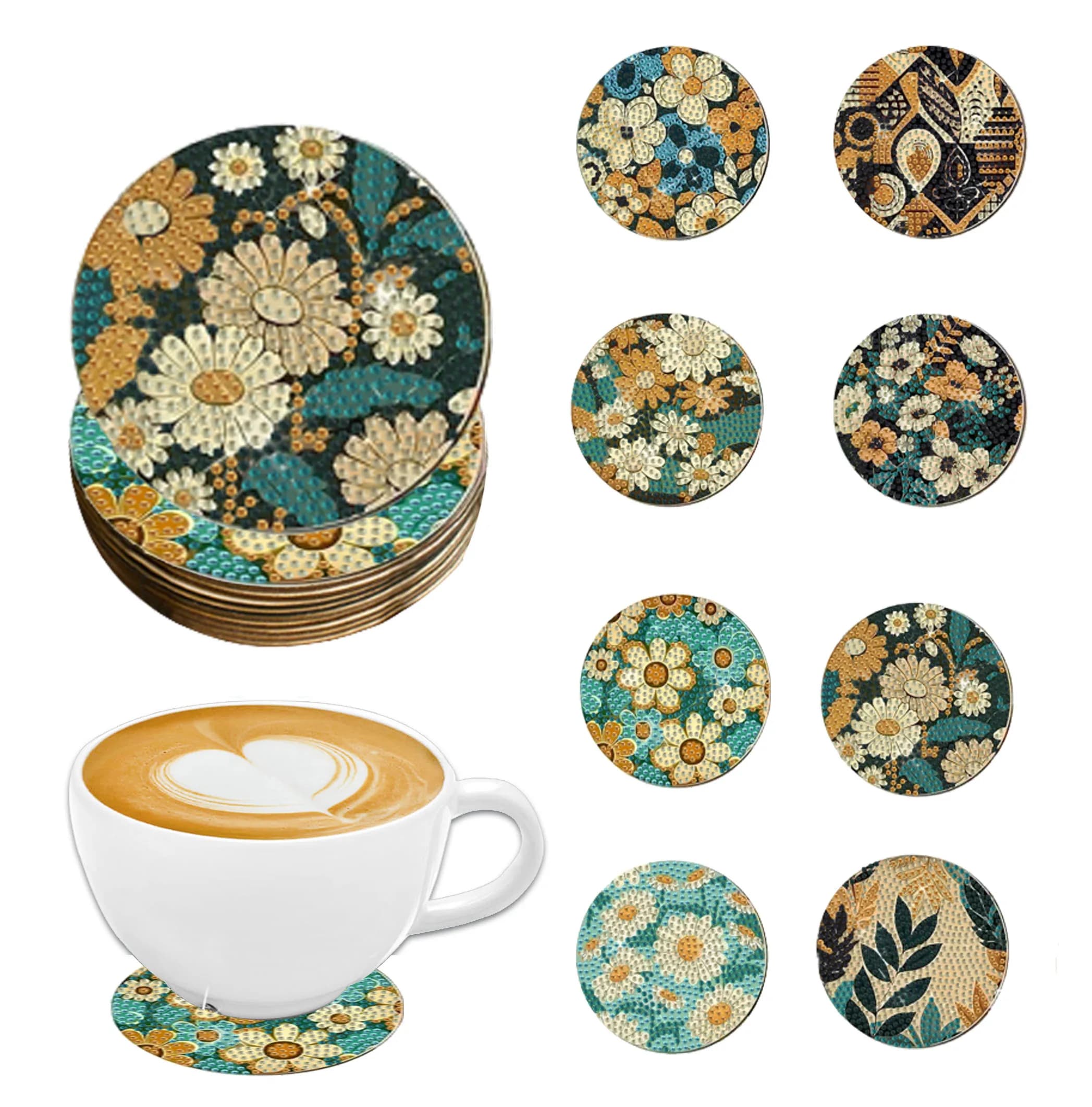 8 pezzi Set di pittura con diamanti fai-da-te Sottobicchiere con motivo floreale Sottobicchiere con diamanti artificiali in cristallo di forma speciale Mosaico artigianale