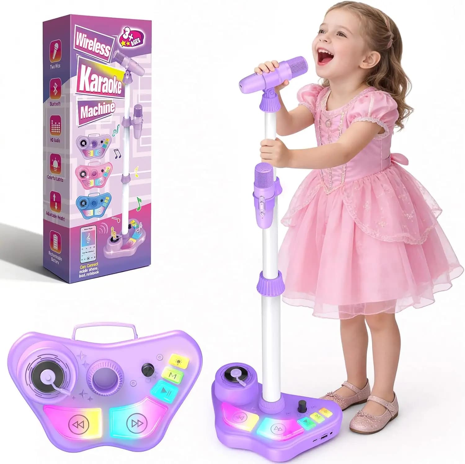 Macchina per Karaoke per Bambini con Microfoni Wireless, Altoparlante Bluetooth Ricaricabile, Regalo di Compleanno per Bambini e Bambine dai 3 agli 8 Anni