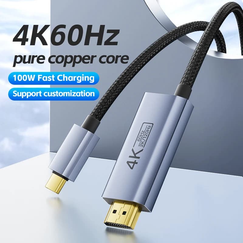 USB C Video Cable to HDMI Compatible 4K, Supports 4K@60Hz 2K@120Hz, with PD 100W Charging for TV, Telephone, Laptop, Tablet, Switch