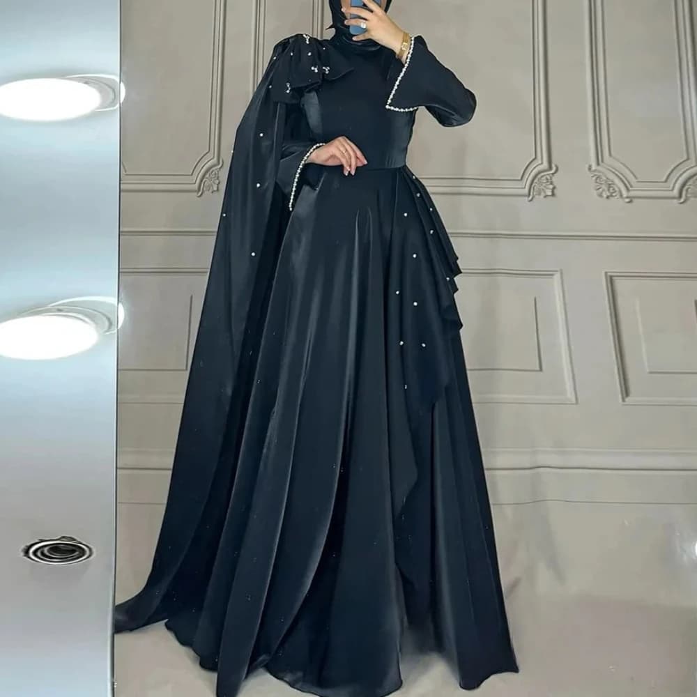 Customized Arabic Evening Dress Modest High Neck Long Sleeves Pearls Ruffles A Line Arabian Party Gown Prom Dresses High quality