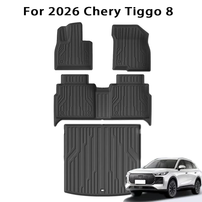 for 2026 Chery Tiggo 8 Car Floor Mats & Cargo Liner Trunk Pad, TPE 3D Foot Mat Waterproof Odorless Tray Set BLACK