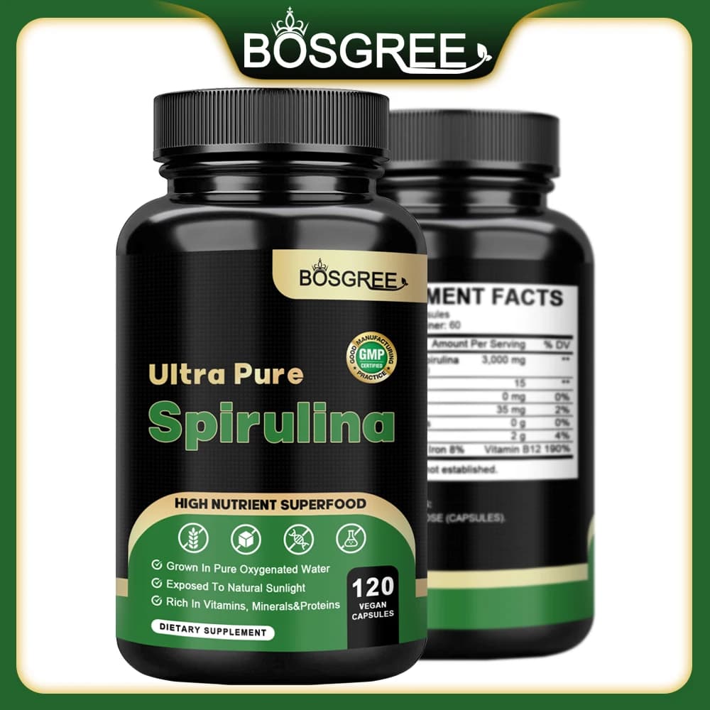 Capsule di Spirulina - Vitamine, Minerali, Clorofilla, Proteine - Supporta la Funzione Immunitaria e Cardiovascolare, Antiossidante, Disintossicante