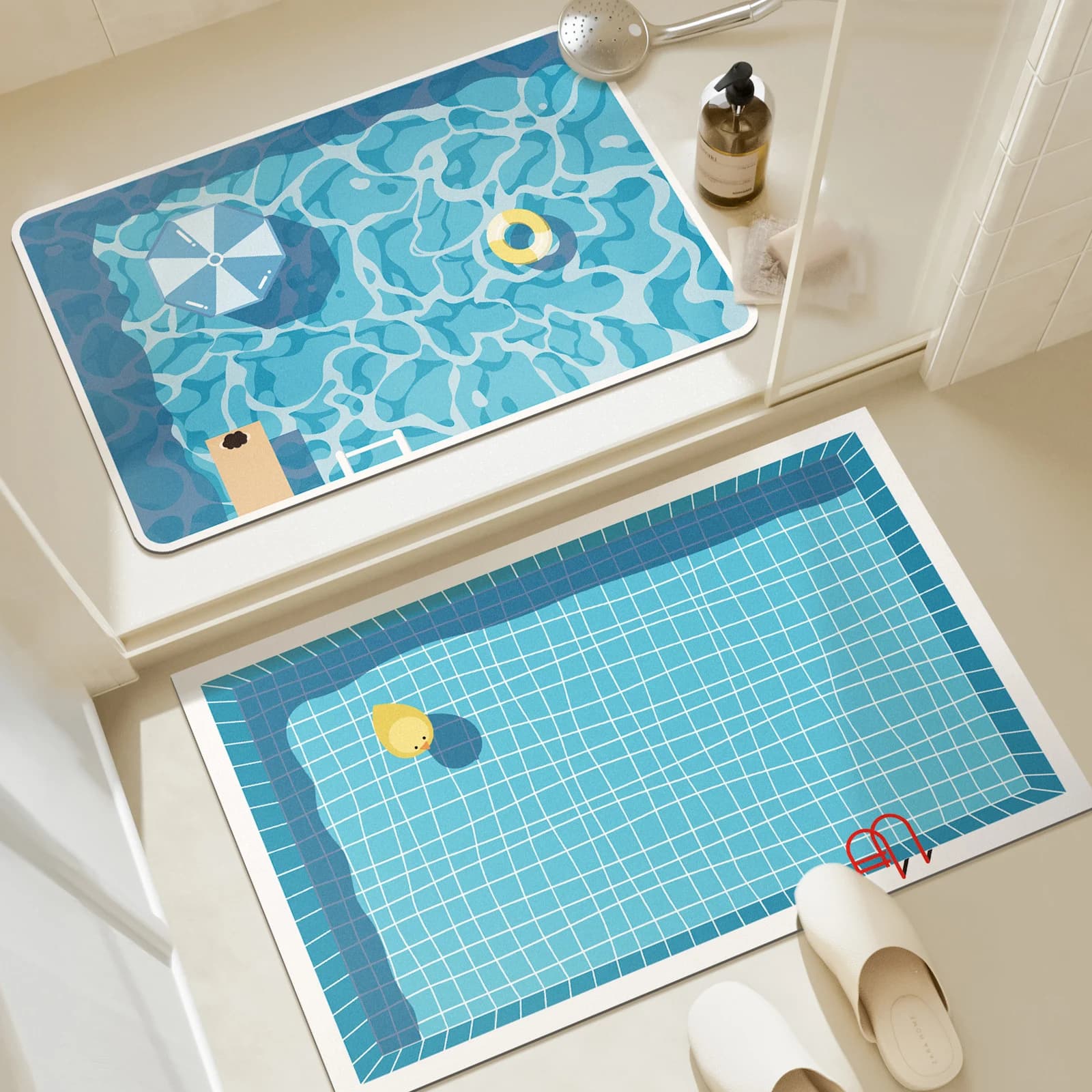 Rubber bathroom anti-slip floor mat, water-absorbing and quick-drying floor mat, cartoon-style swimming pool print floor mat bath mat bath rug bathroom bathroom mat set