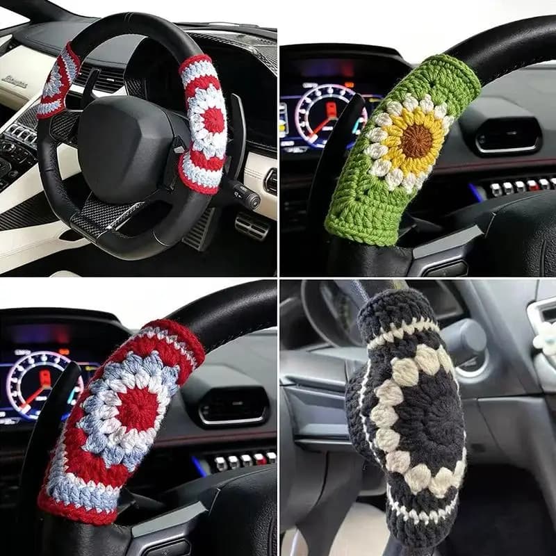 【IIOO】Crochet Steering Wheel Cover Handmade Crochet Fabric Soft Knitted Car Interior Accessories Women Cute Steering Wheel Decor