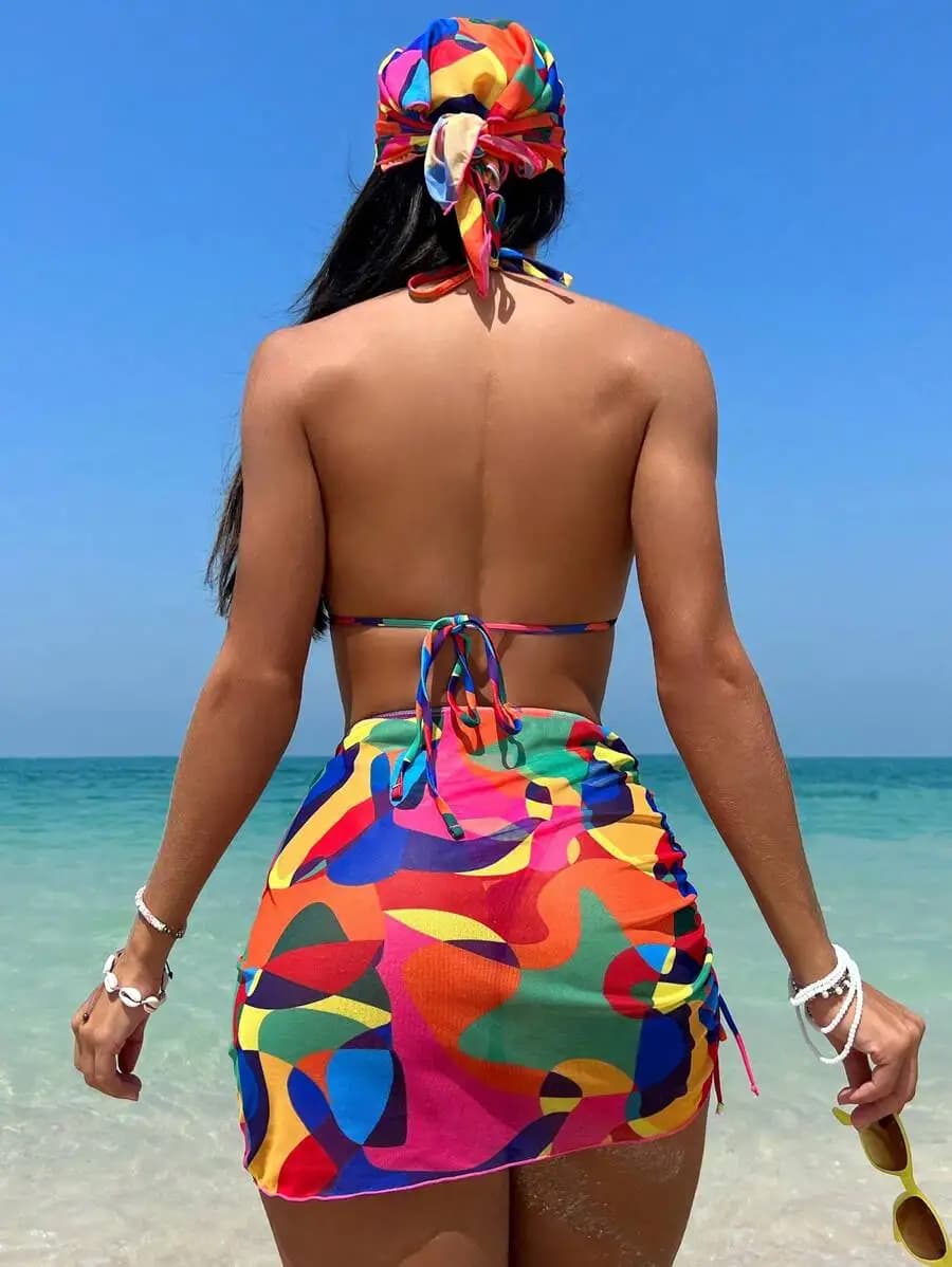 Swim Vcay Bathing Suits Women Summer Beach Allover Print Halter Triangle Bikini Set With Beach Skirt & Bandana