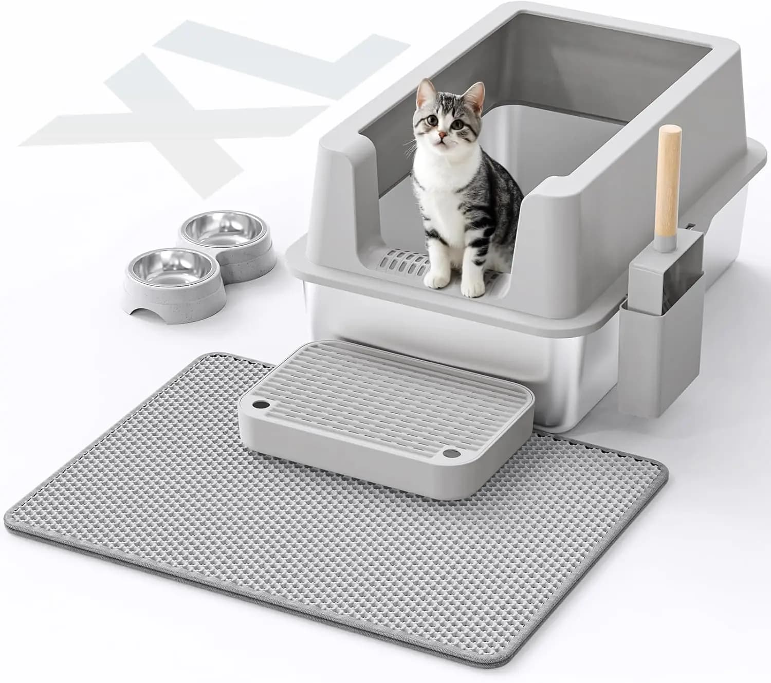 Lettiera per Gatti XL in Acciaio Inossidabile con Coperchio, Design Anti-Perdita a Bordi Alti, Facile da Pulire, Antiaderente, Include Tappetino, Ciotola e Paletta