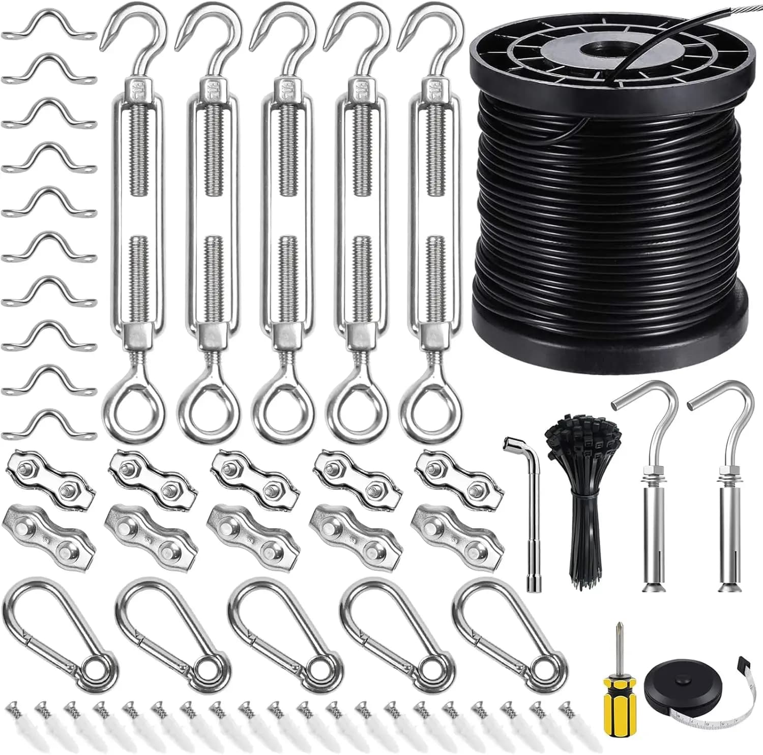 Kit di Sospensione per Luci a Corda da 170FT in Acciaio Inossidabile con Tiranti, Cavo per Sospensione Luci a Globo da Esterno e Accessori