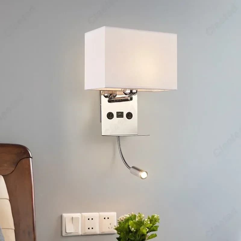 Paralume semplice in tessuto LED E27 con interruttore Lampada da parete Interfaccia USB Faretto ad angolo regolabile Lampada da lettura sul comodino della camera da letto