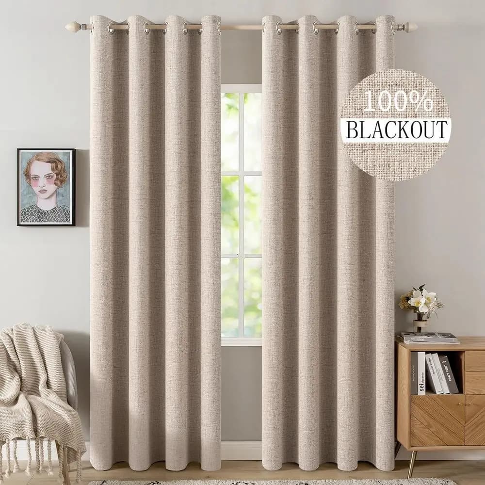 Tende strutturate in lino da 90 pollici o camera da letto Tende e tende da camera con occhiello beige naturale oscuranti al 100% con isolamento termico