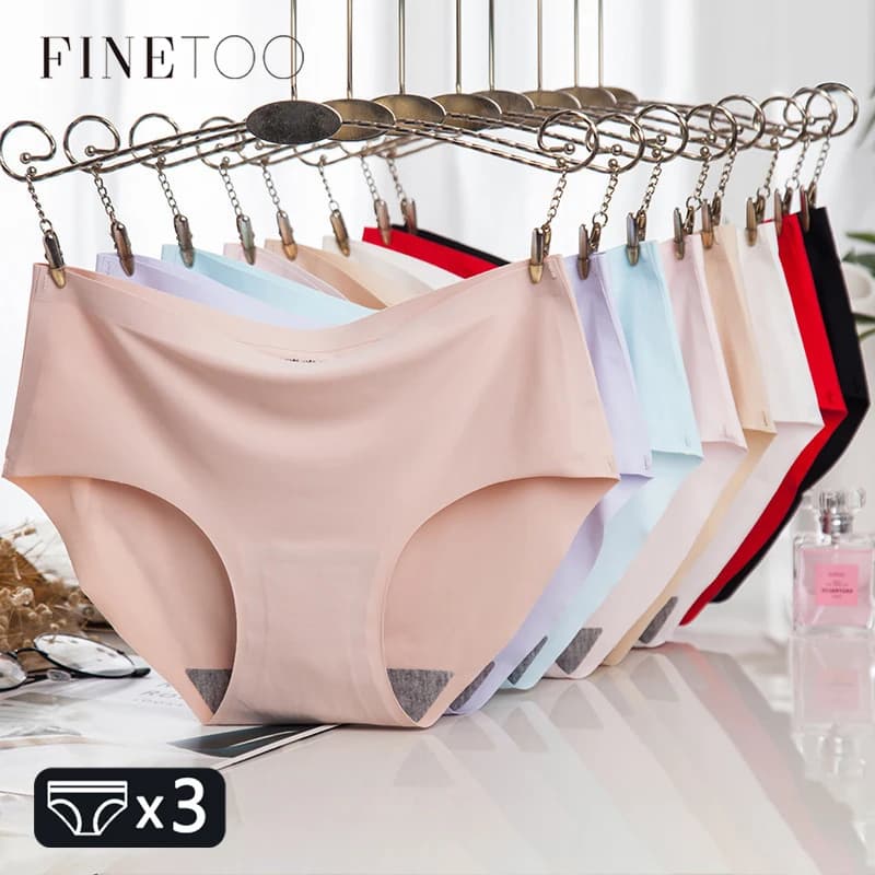 FINETOO 3 pieces seamless ice silk underwear for women slip comfort invisible sexy women's underwear medium waist breathable lingerie