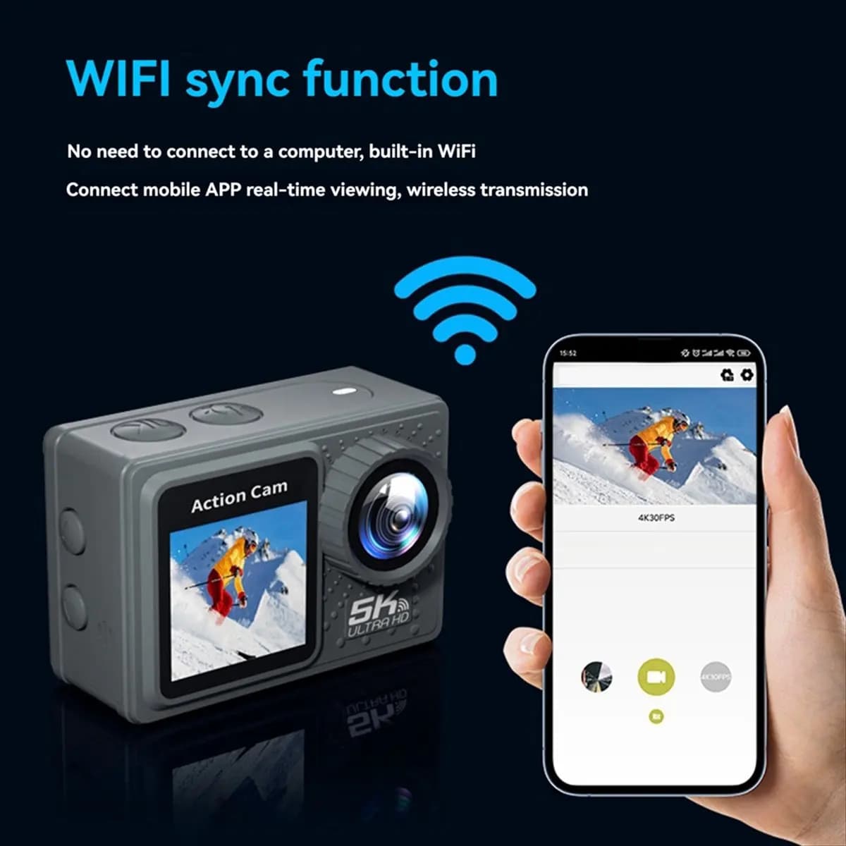Videocamera Sportiva Impermeabile, Action Cam per Esterni Anti-Shake 170° ° Obiettivo grandangolare ad alta risoluzione di grado A+, B