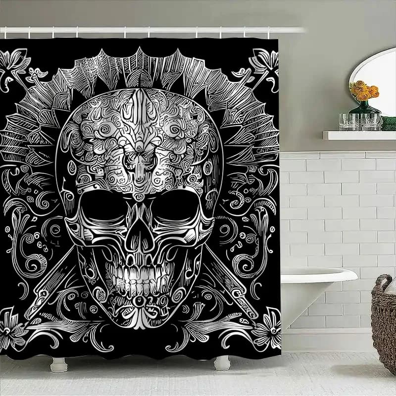 Tenda da bagno con motivo teschio Tuniu, arredamento gotico, design bianco e nero, arredamento da parete fresco, tenda da doccia unica