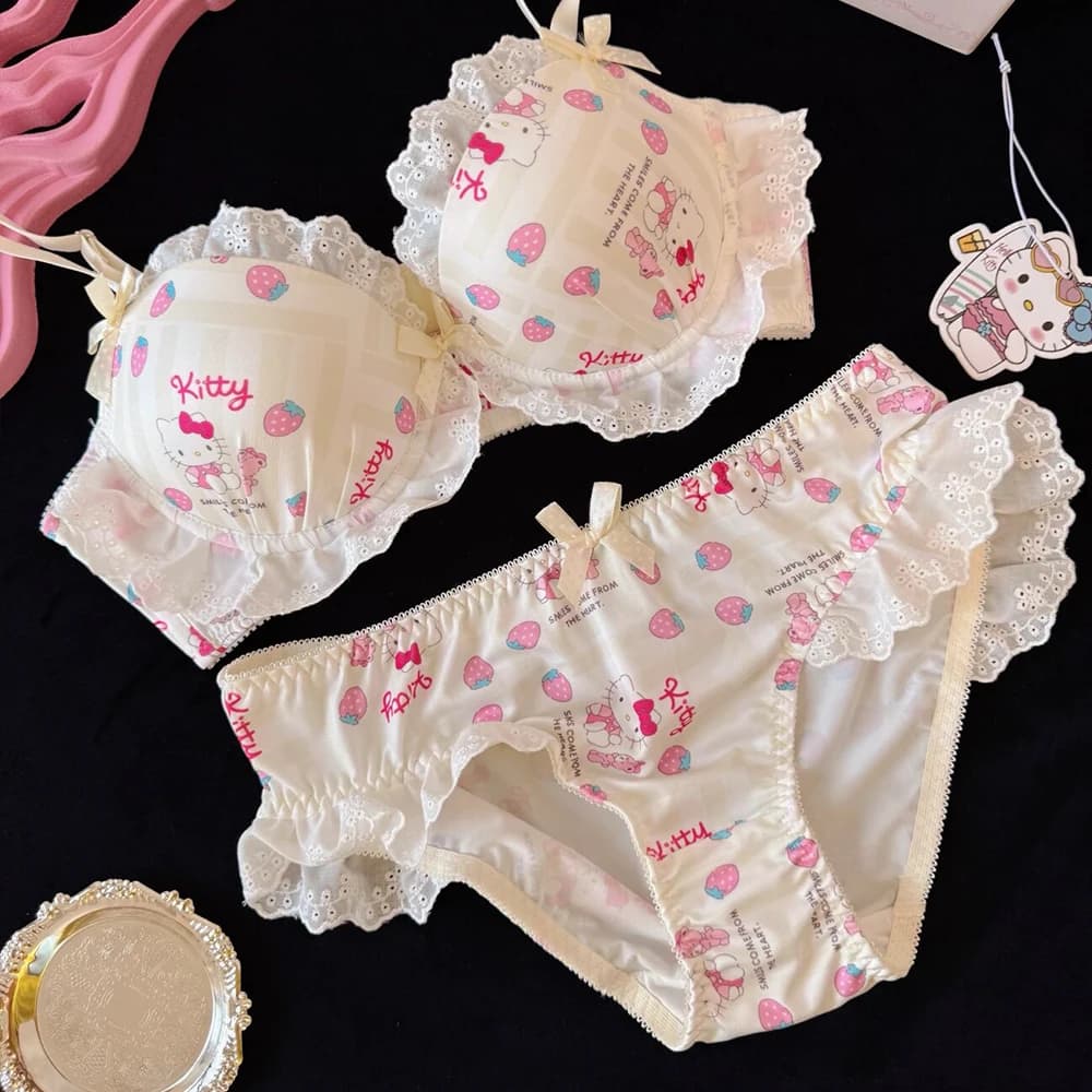 Set Reggiseno in Pizzo Giapponese Kawaii Hello Kitty per Ragazze, Senza Ferretti, con Fiocco Colorato, per Seno Piccolo, Regalo Cartoon
