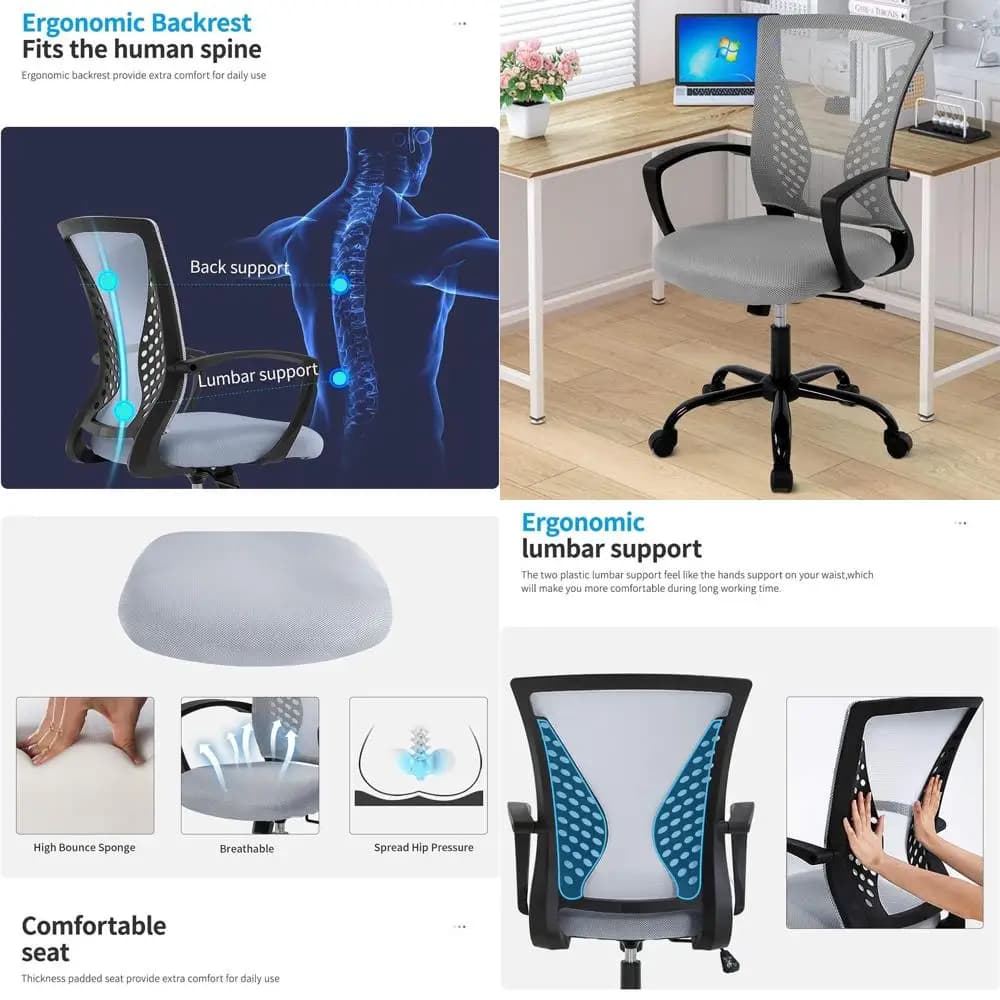 Sedia da gaming ergonomica in rete con supporto lombare e braccioli regolabili, grigia, per uso domestico in scrivania