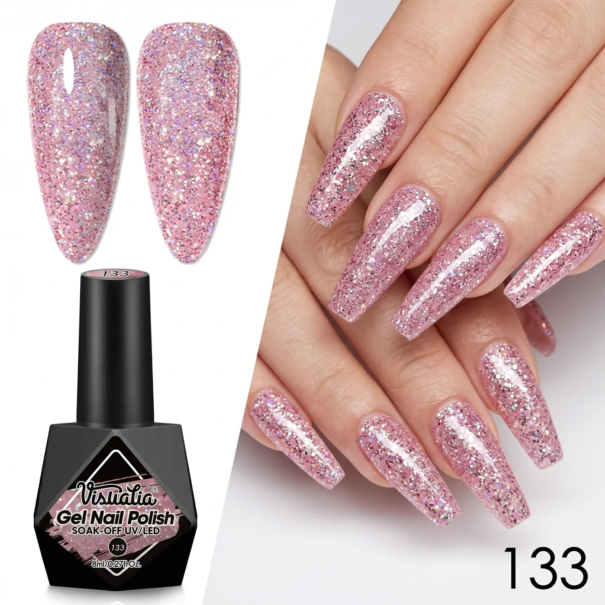 One bottle of Visuatia 8ml reflective glitter gel nail polish, holographic laser shimmering and crackling gel nail polish, remov