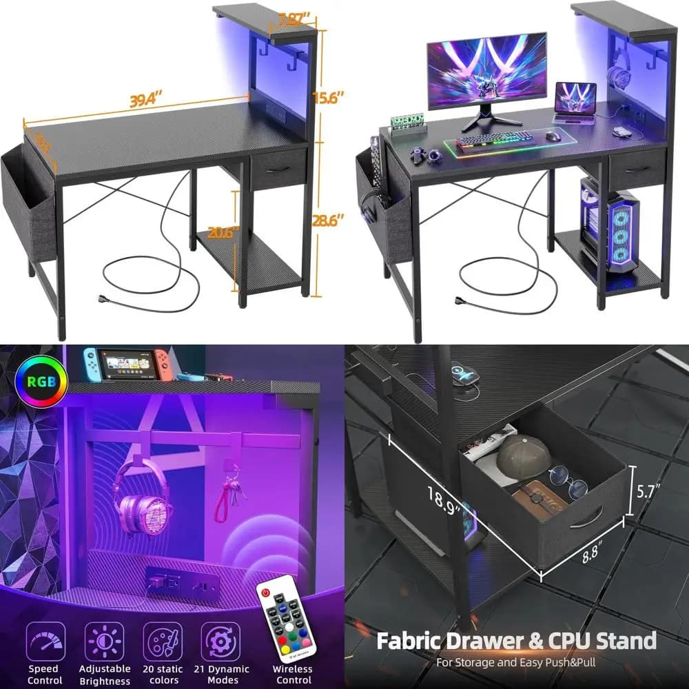 40 Scrivania da gioco in fibra di carbonio con presa di corrente, luce a LED, ripiani reversibili e cassetto portaoggetti per ufficio domestico