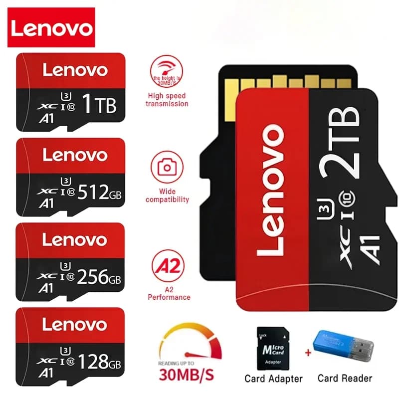 Lenovo 2TB High-Speed V30 A2 4K SD Card 512GB 256GB 128GB Memory Card 1TB Micro TF SD Adapter for Smartphone/Tablet/PC Cross-Use