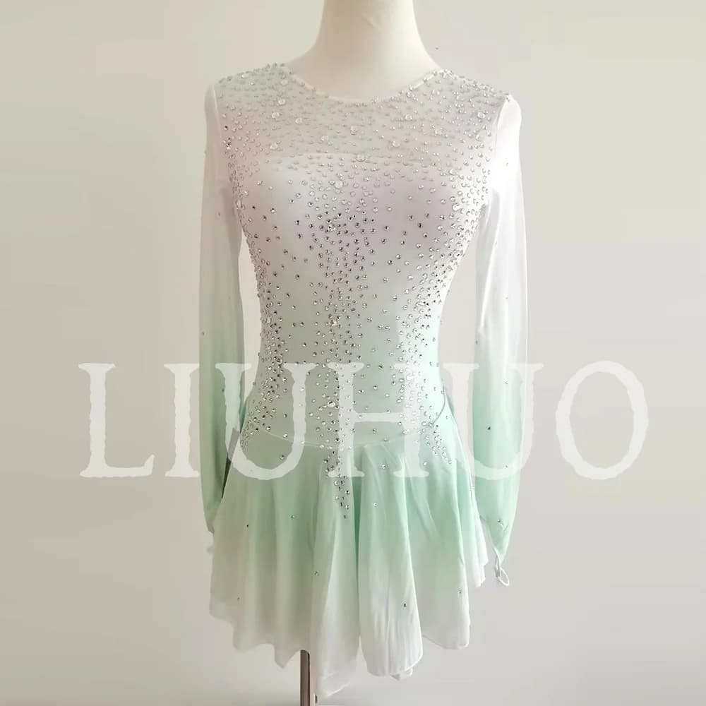 LIUHUO Abito da Pattinaggio Artistico Bianco e Verde Sfumato per Ragazze e Donne Vestito Elasticizzato in Spandex per Competizioni BD1634