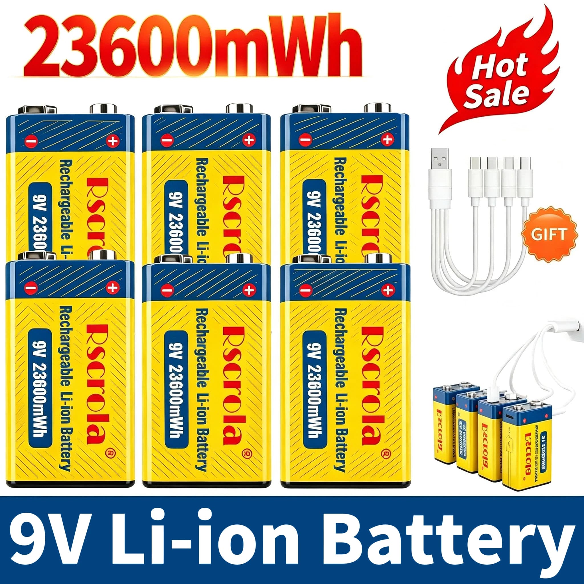 Batteria agli ioni di litio ricaricabile Type-C da 9V 23600mWh ad alta capacità per chitarra, microfono, rilevatore di fumo, pedale con cavo