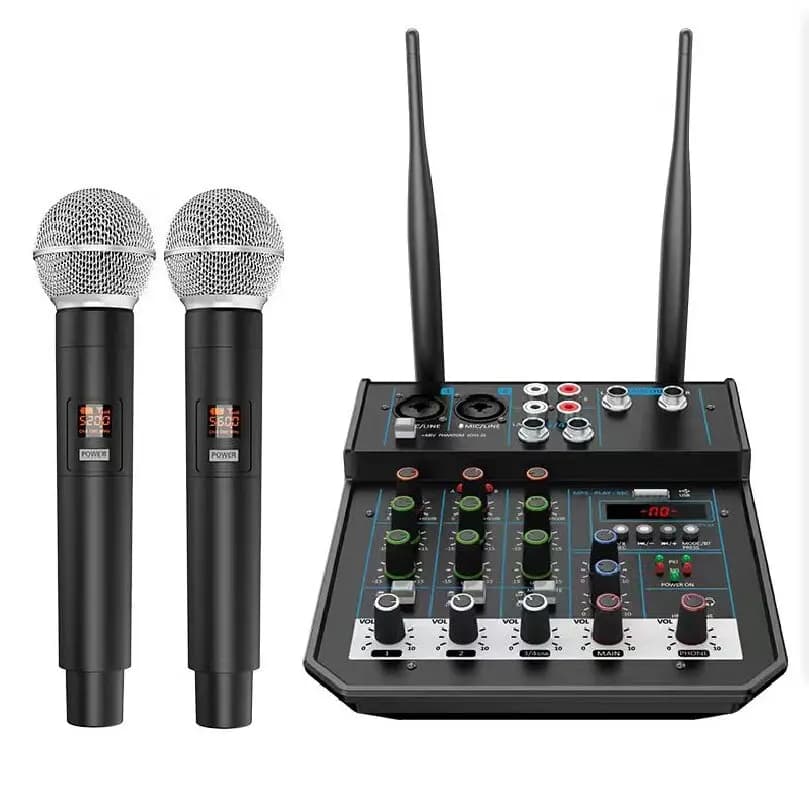 4-Channel Audio Mixer With UHF Wireless Microphone Karaoke Bluetooth Mixer DJ Mixing For Party Show Church Wedding