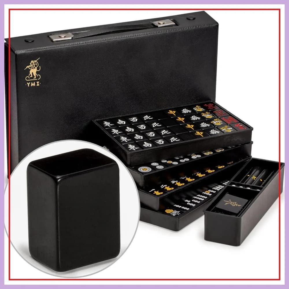Set Mahjong Giapponese Riichi - Tessere di Dimensioni Standard, Valigetta in Vinile, Tessere Vento Est, Bastoncini per Punteggio e Dadi