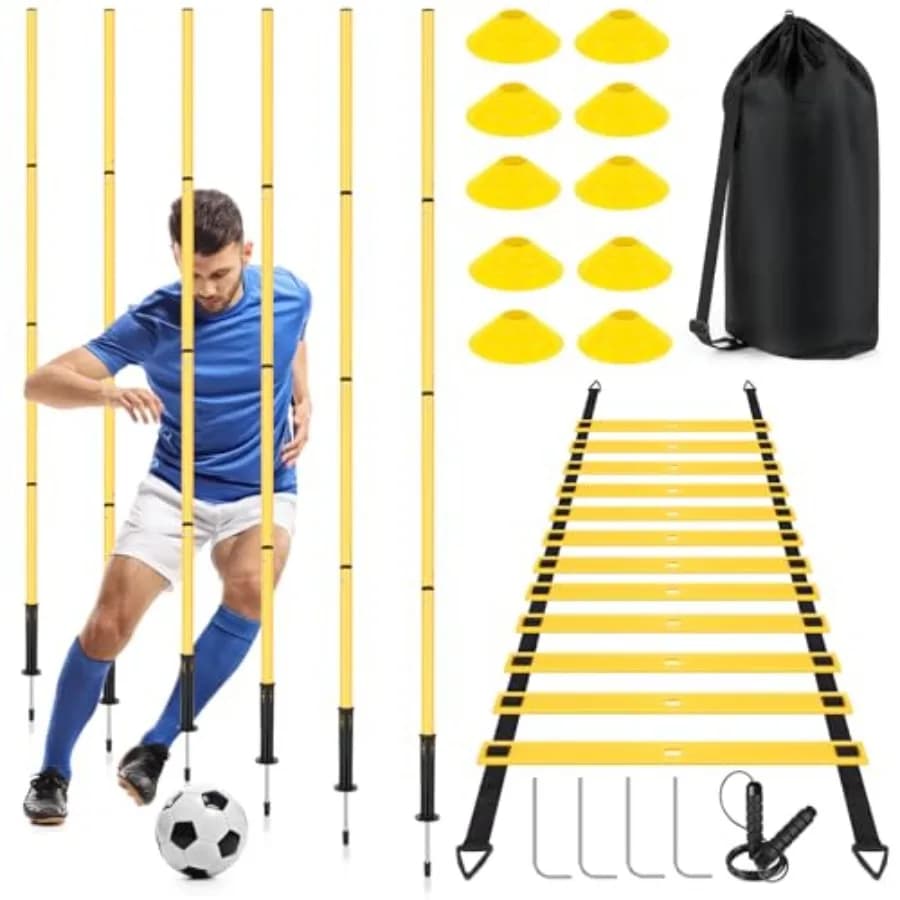 Attrezzatura per Allenamento di Agilità nel Calcio: 6 Pali per Agilità, Scala per Agilità da 6 Metri, 10 Coni da Calcio, 1 Corda per Saltare. Allenamento di Calcio