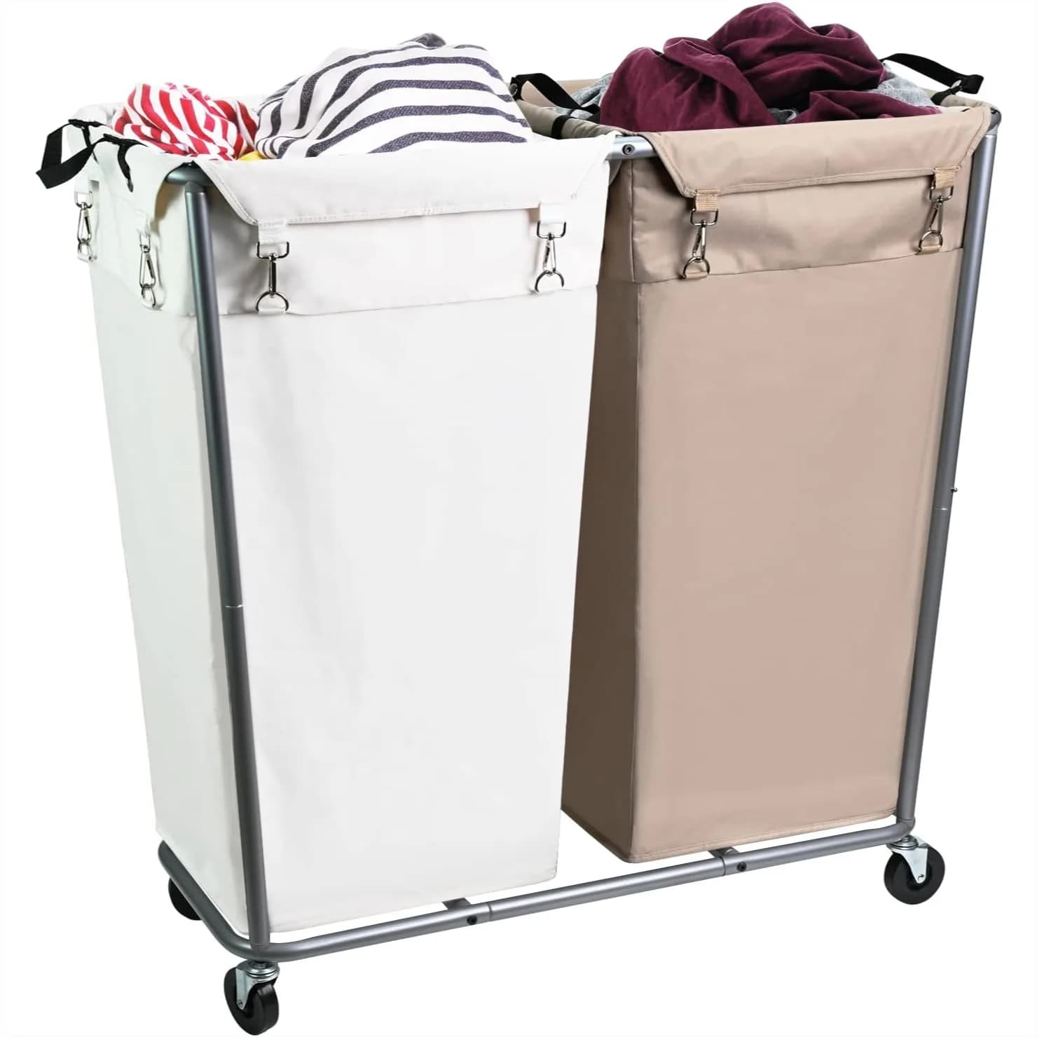 Carrello per Lavanderia Commerciale da 280L con Ruote, Smistatore a 2 Sezioni Resistente, Struttura in Acciaio con Sacchi Rimovibili per Hotel, Lavanderia