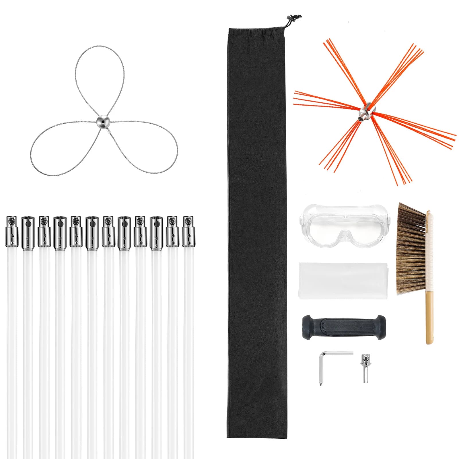 39 ft Extendable Chimney Cleaning Kit with Dual Brush Heads and Replaceable Bristles, Suitable for Square and Rectangular Firepl