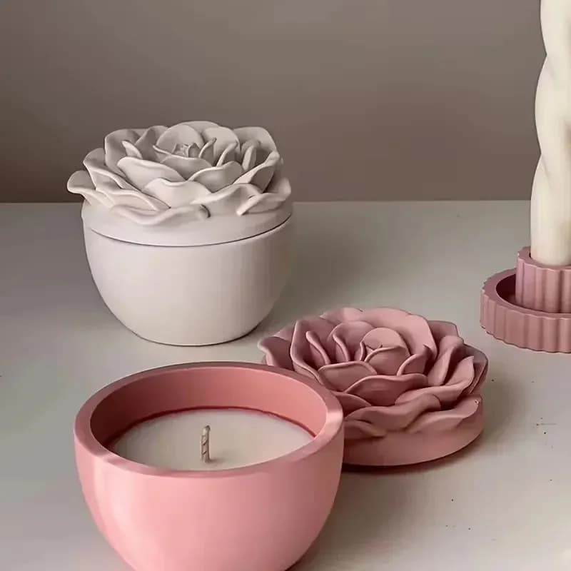 top quality 3d rose flower candle jar silicone mold with lid peony jewelry storage box crafts making plaster resin casting molds