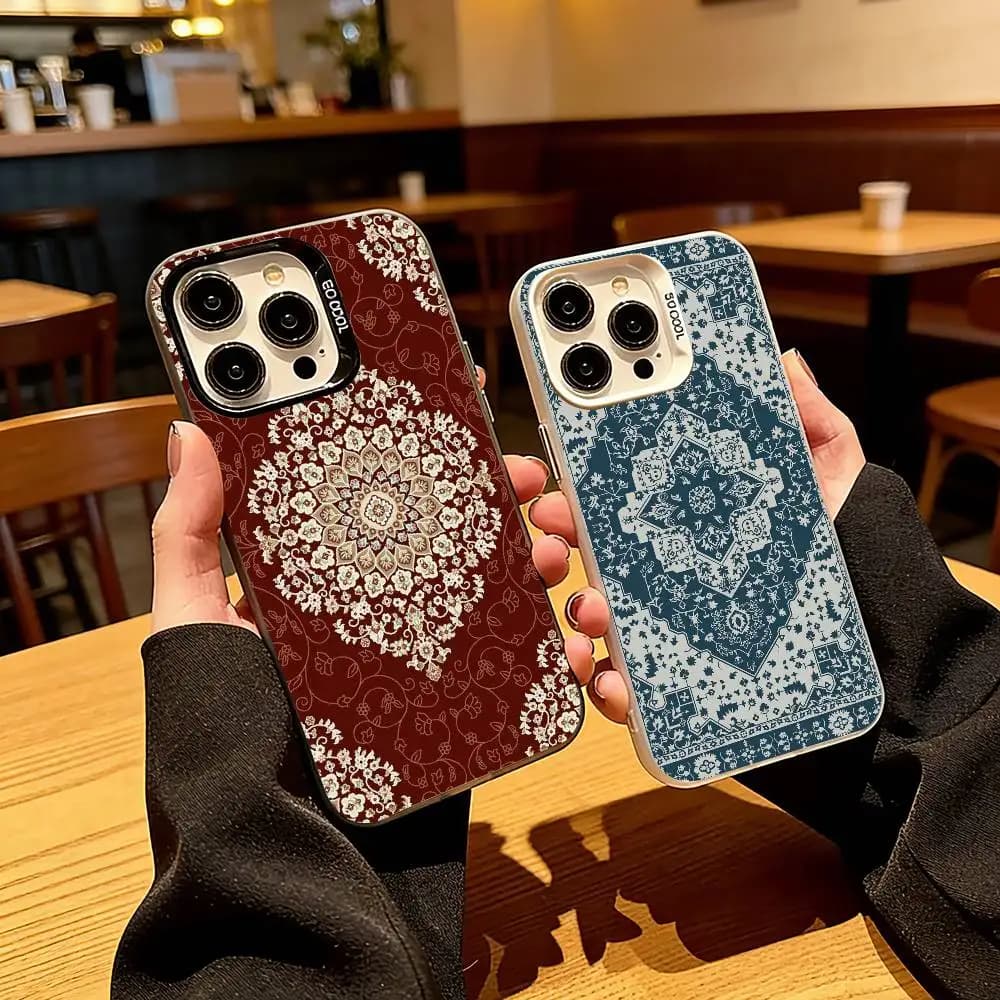 Cover per iPhone con motivo floreale a tappeto persiano, colorata, argento e nera, per iPhone 17, 16, 15, 14, 13, 12, 11 Plus, Pro Max, XS