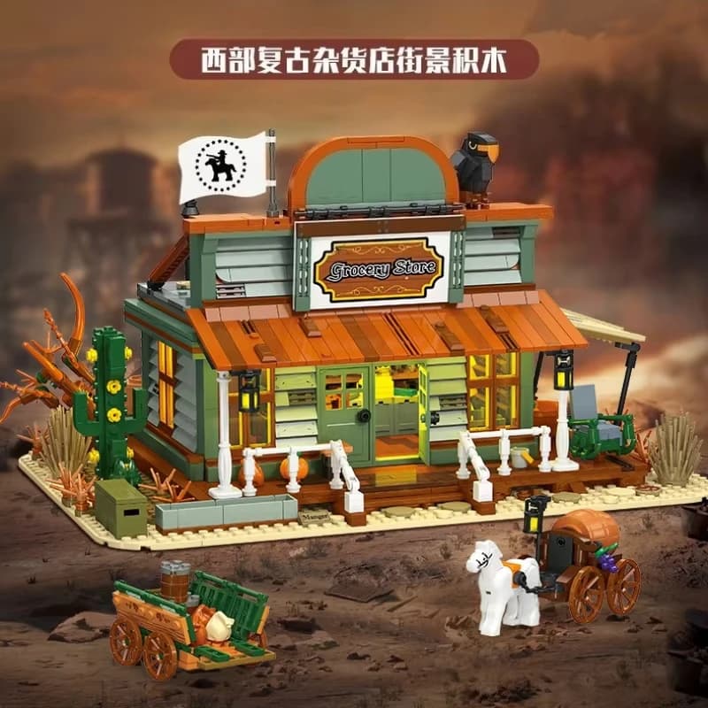 Set di Costruzioni a Tema Cowboy Medievale Occidentale - Negozio di Alimentari - Giocattolo Educativo da Assemblare NO.89144 - Modello per Bambini - Regalo a Tema Negozio