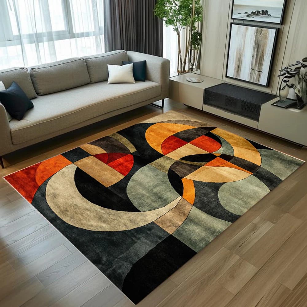 Mid-Century Modern Geometric Print Area Rug Anti-Slip Floor Mat Soft Carpet Bedroom Living Room Retro Home Decor Non-Slip Rug