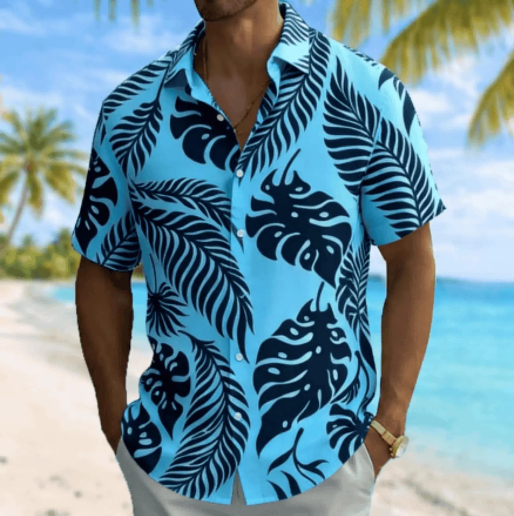 Men's Monstera & Palm Leaf Print Short Sleeve Shirt, Spring Summer Beach Vacation Casual Blouse, Turn-Down Collar Loose Top