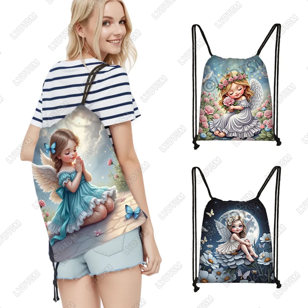 Zaino con motivo preghiera Kawaii Little Angel per viaggi Baby Angel con ali Borsa con coulisse Bookbag Porta scarpe