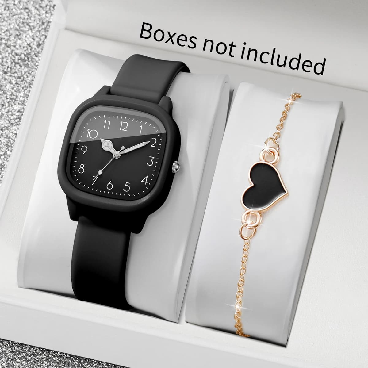 2PCS Fashion Women Watch Heart Bracelet Set Square Dial Silicone Strap Ladies Dress Wristwatches Relogio Feminino (Without Box)