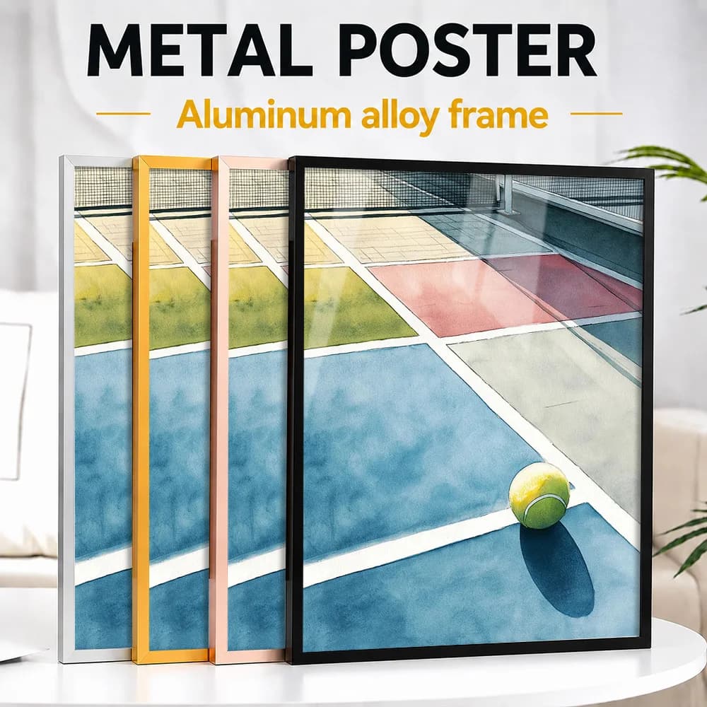 Watercolor Tennis Court With Ball Framed Metal Poster Personalized Photo Soft Color Style Wall Art For Study Special Coach Gift