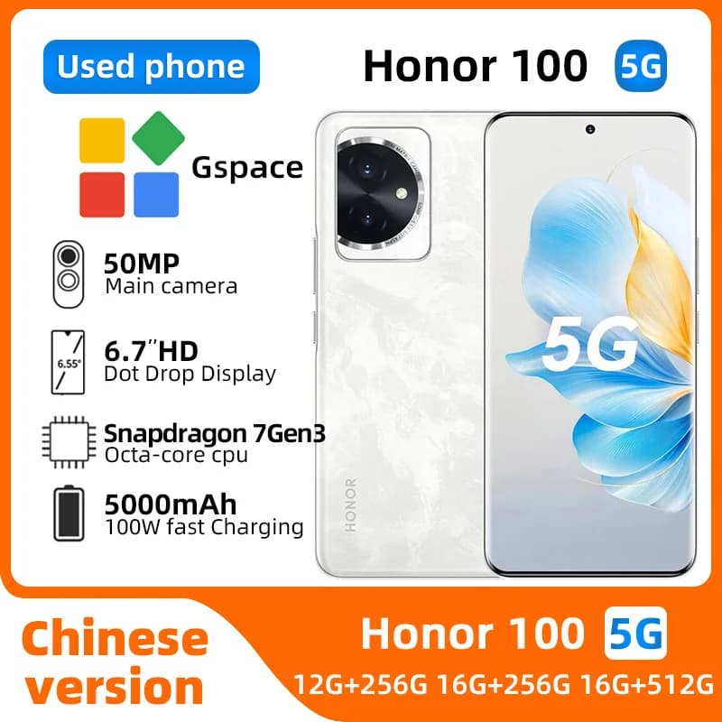 Honor 100 5g Smartphone Android da 6,7 pollici OLED 50.0MP Fotocamera Snapdragon 7 Gen 3 100W Carica 13.0 NFC Telefono usato originale
