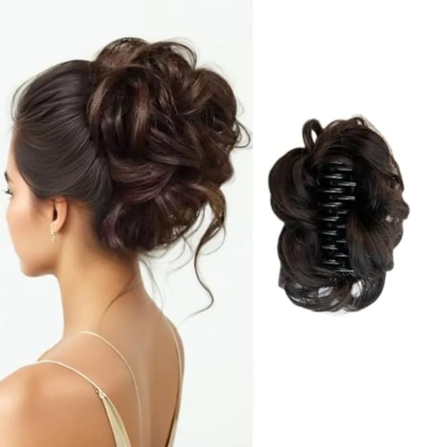 Curly Wavy Messy Bun Hair piece Easy Updo Extensions Claw Clips for Women Girls Dark Brown, Natural Fake Wig Tie Headpiece Ches