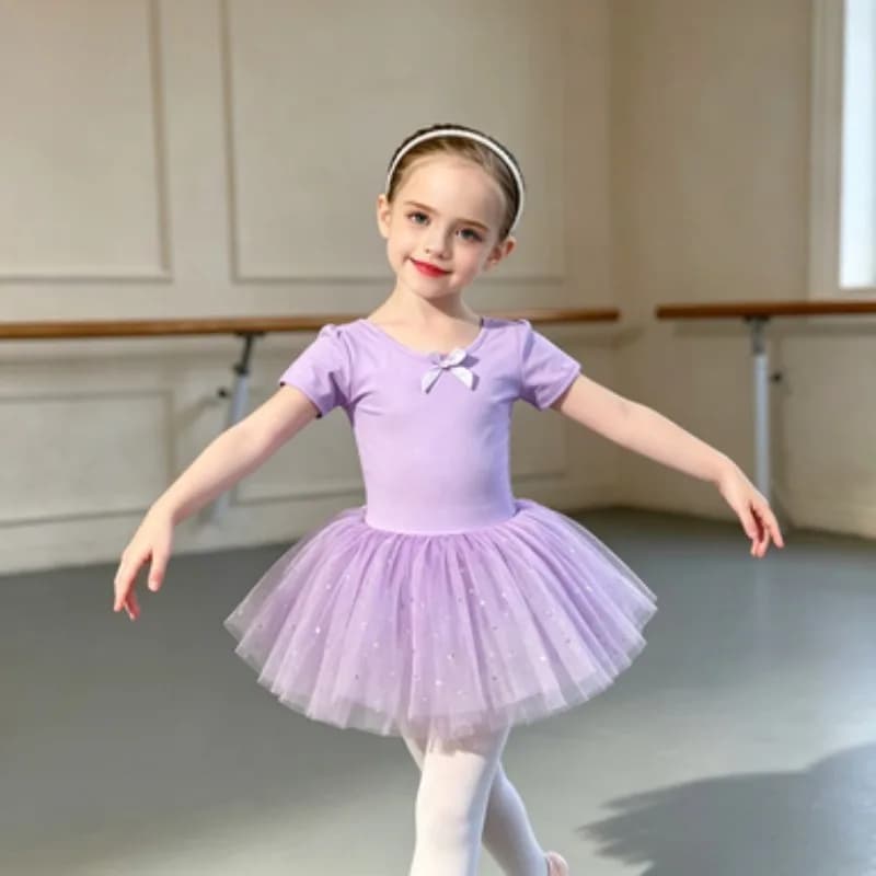 Abito da ballo a maniche corte per ragazze con gonna in tulle e paillettes, abbigliamento professionale per l'allenamento quotidiano di danza classica
