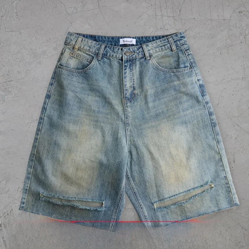 Pantaloncini Jeans Casual Estivi Profound Foundation New York Trendy Brand Effetto Usurato a Vita Media Gamba Dritta