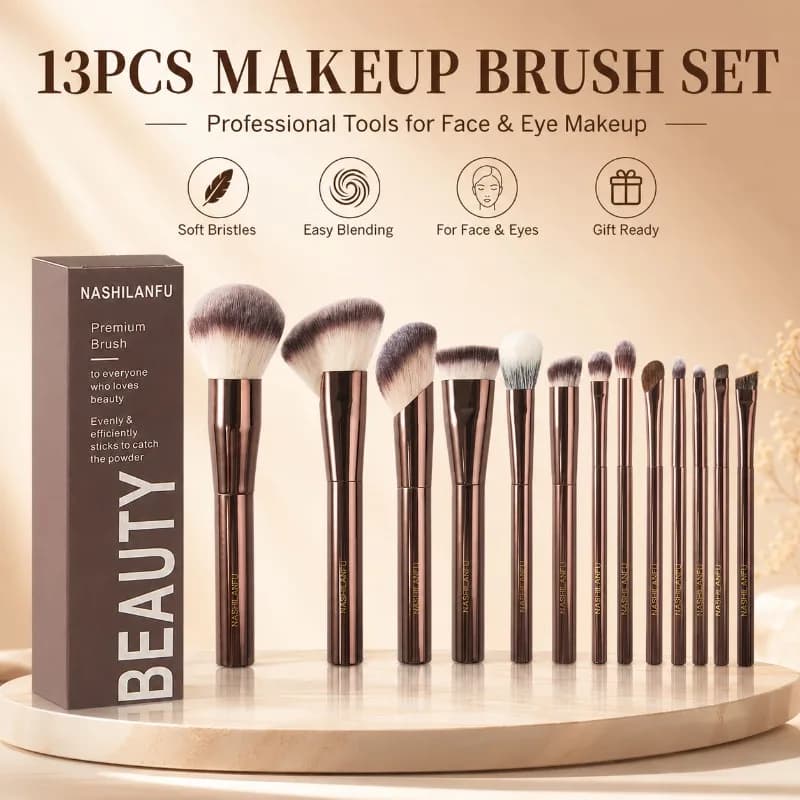 13PCS Makeup Brush Set Soft Synthetic Bristles Aluminum Handle Face Eye Beauty Tools for Powder Blush Contour Foundation Kit Pro
