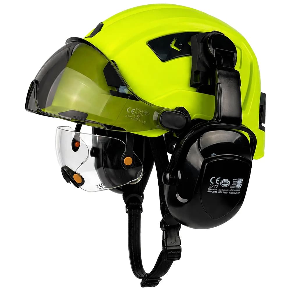 ANSI CE Safety Helmet with Sliding Vents Dual Visor Goggles Earmuffs ABS Hard Hat Construction Industrial Work Protective Cap