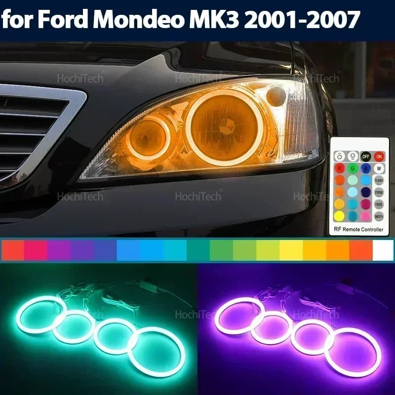 Faro in cotone multicolore RGB LED Angel Eyes Anelli per Ford Mondeo MK3 2001-2007 Ring Eye RF Telecomando