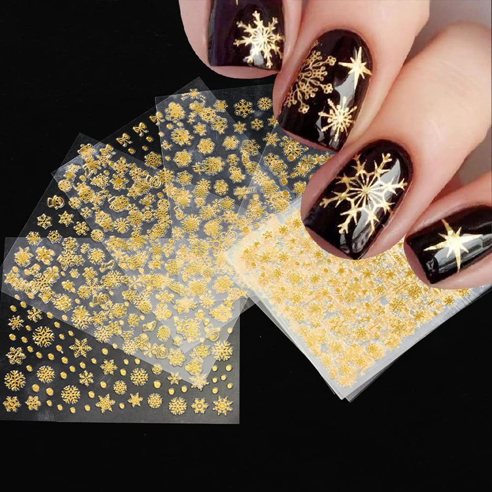12 Christmas stickers for nail art golden snowflakes decals for nails winter christmas tree belly christmas 3D self-adhesive manifucre decorations