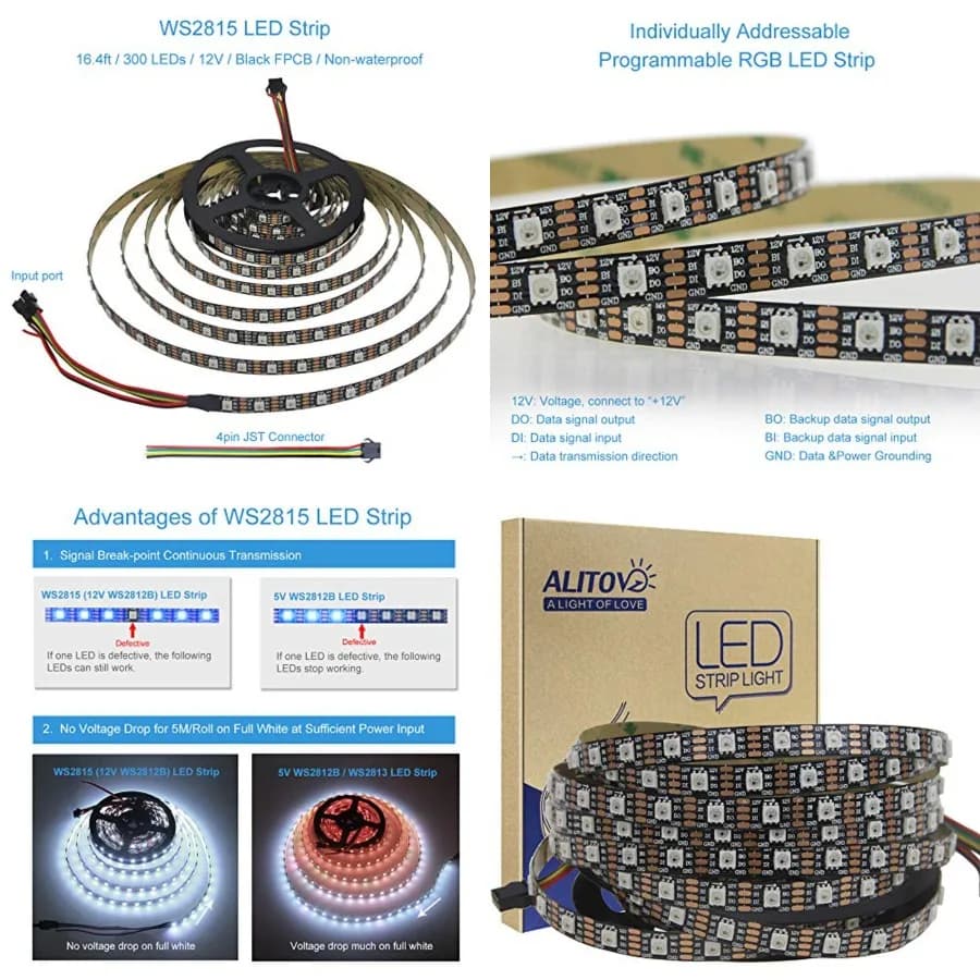 Striscia LED WS2815 da 5m (16.4FT) Indirizzabile Individualmente, 300 Pixel, Doppio Segnale RGB 12V, Flessibile e Programmabile, IP