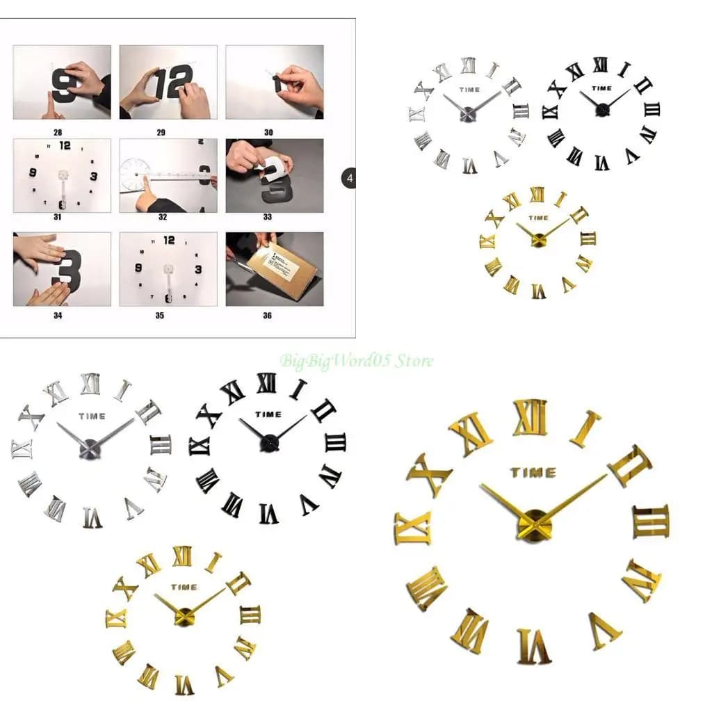24TE Large DIY Wall Clocks without Frame, 3D Mirror Wall Clock Stickers