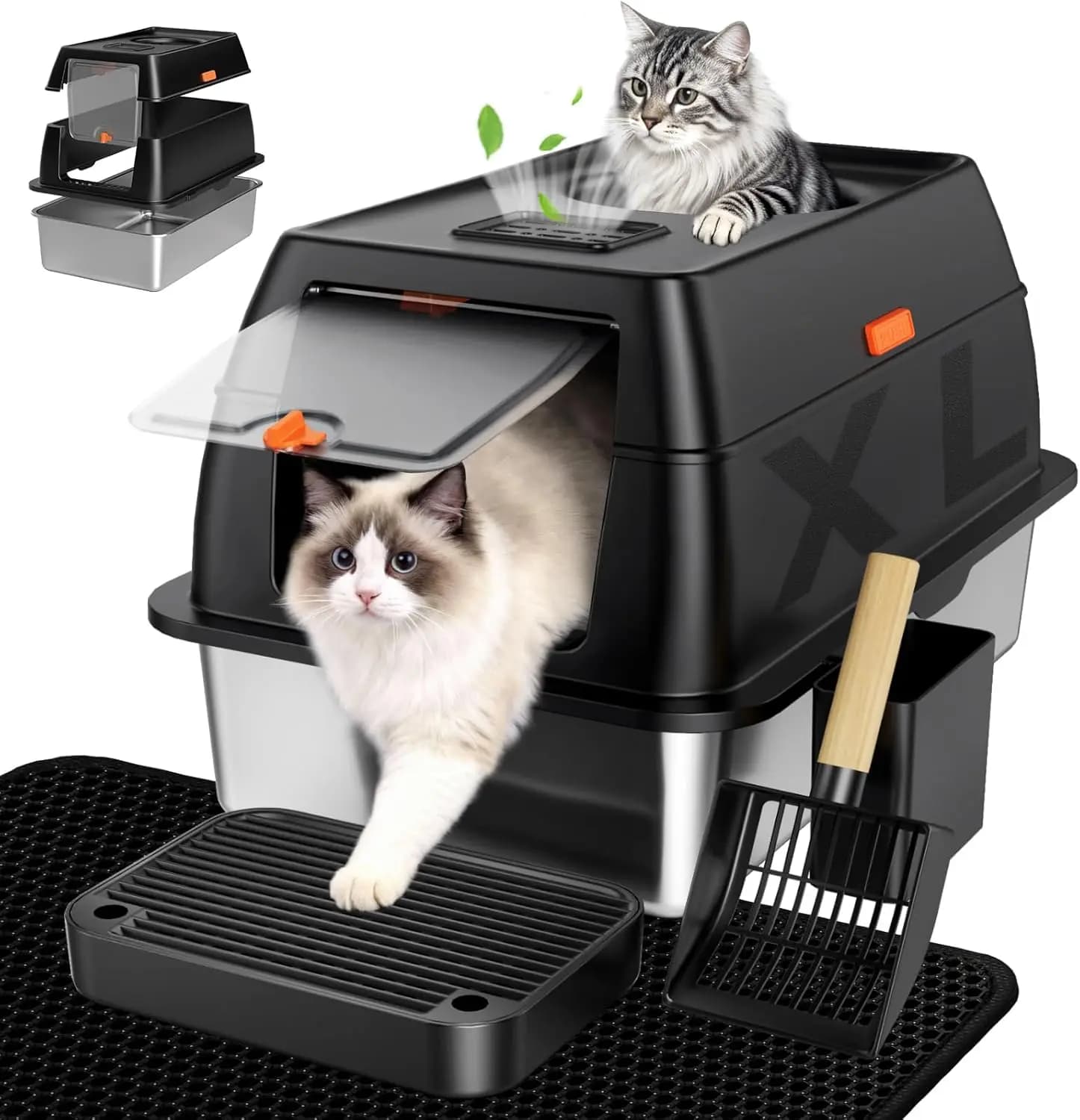 Lettiera per Gatti Grande in Acciaio Inossidabile con Coperchio, Design Chiuso Anti-Cane, Controllo Odori e Facile da Pulire