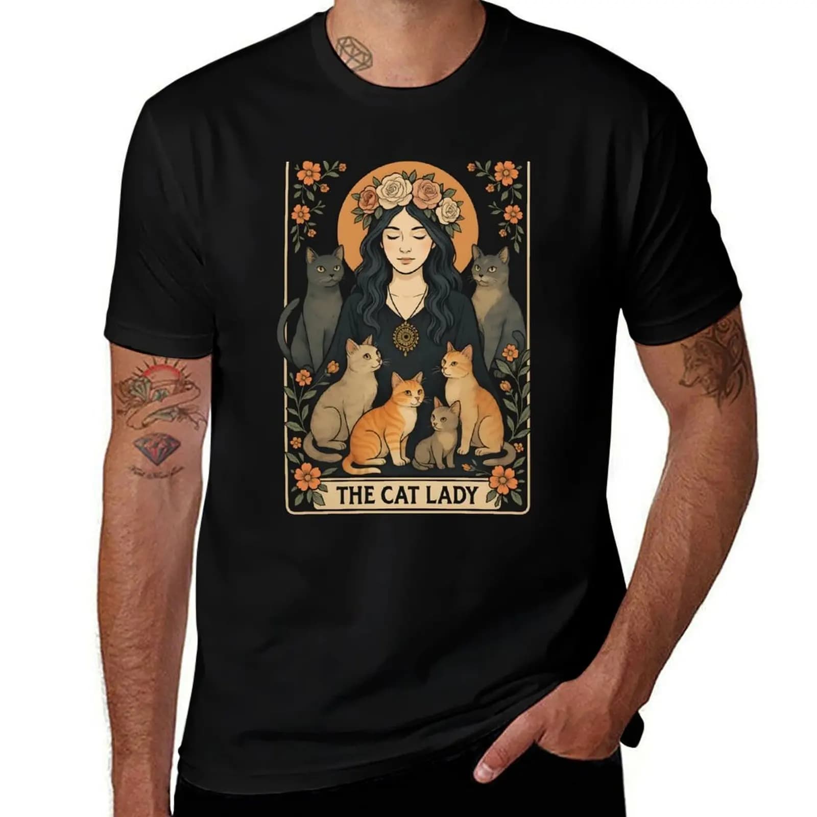 The Cat Lady Tarot Card Funny Witchy Gothic Cat Mom Tee T-Shirt Breathable Lightweight Summer Top