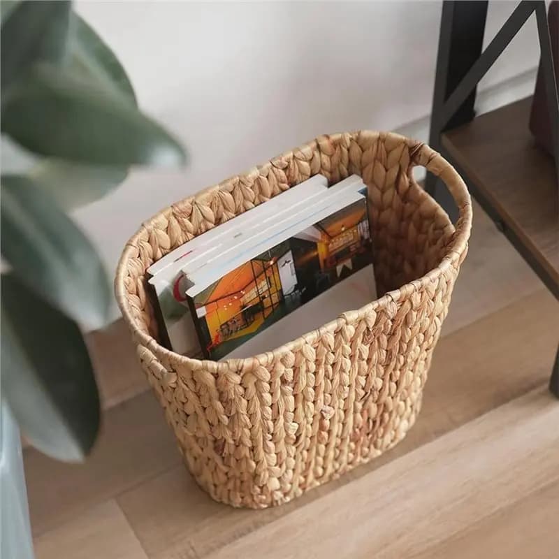 Cestino per la spazzatura da bagno A92P, in vimini intrecciato a mano con manici per camera da letto, soggiorno, cestino per rifiuti in vimini di giacinto d'acqua